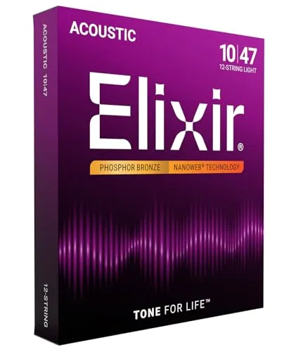 Elixir® 16152 Saiten Phosphor Bronze 12-saiter Akustik-Gitarrensaiten mit NANOWEB® Beschichtung, Light (.010-.047)