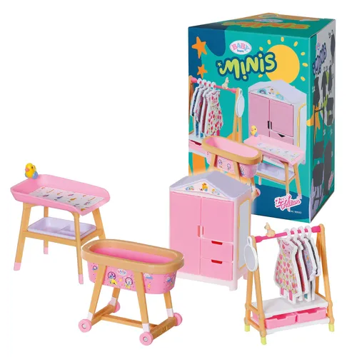 BABY born Minis - Playset Furniture mit Kleiderschrank und Stubenwagen - Entdecke das kreative Spielset für BABY born Minis! Mit funktionierenden Möbeln wie Kleiderschrank, Kleiderstange und Stubenwagen fördert es die Fantasie der Kinder ab 3 Jahren.