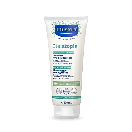 Mustela Stelatopia Reinigungsgel für extrem trockene Haut oder Neurodermitis, Körper und Haare, Säuglinge, Kinder, ganze Familie - lindert juckende Haut, parfümfrei (200ml)