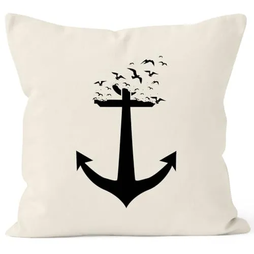 Autiga Kissenbezug Anker Vögel Anchor Birds Kissen-Hülle Deko-Kissen 40x40 Baumwolle Natur Unisize