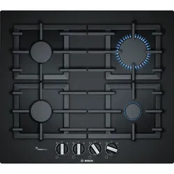 Bosch PPP6A6B90 Gas Autark Gaskochfeld - 60 cm, elegantes schwarzes Hartglas und präzise FlameSelect-Funktion für optimale Kochergebnisse