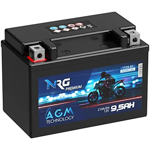 NRG Premium YTX9-BS AGM Motorradbatterie 12V 9,5Ah - Hochleistungs-Motorradbatterie mit 210A/EN, wartungsfrei und kipp- sowie auslaufsicher. Ideal für intensive Startvorgänge und hohe Kaltstartwerte dank modernster AGM-Technologie.