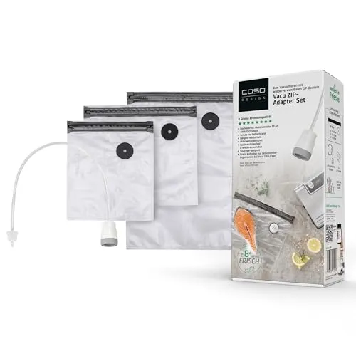 CASO ZIP-Bags & Vacu ZIP-Adapter Set – Wiederverwendbare Vakuumbeutel 150 µm – reißfest, mikrowellen- & spülmaschinengeeignet – Sous Vide geeignet bis 100 °C – bis zu 8x länger frisch