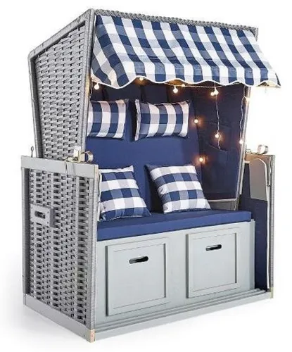 Casa Padrino Strandkorb Grau/Blau/Weiß 116 x 76 x H. 160 cm aus Holz - Hochwertiger Strandkorb für entspannte Stunden im Garten oder am Strand. Mit stabiler Holzkonstruktion und stilvollem Design ist er der perfekte Ort zum Relaxen.
