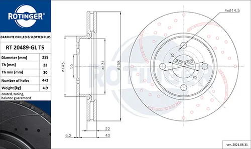 Rotinger Bremsscheibe GRAPHITE DRILLED & SLOTTED PLUS RT 20489-GL T5 - Bremsscheiben mit innovativer GRAPHITE-Beschichtung, bieten optimale Bremsleistung und verbesserte Wärmeableitung für ein sicheres Fahrgefühl.