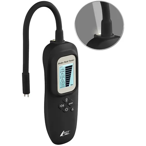 AGT Professional Bremsflüssigkeitstester - Bremsflüssigkeitstester mit LCD-Display, Wassererkennung und bis zu 20 Stunden Laufzeit. Ideal für Motorrad und Auto, sorgt für Sicherheit durch präzise Messung des Wassergehalts.