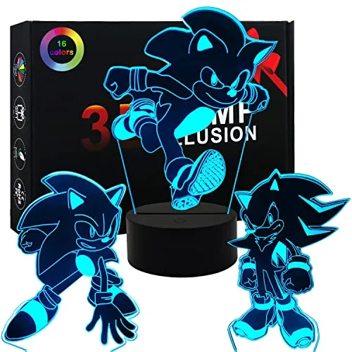 AIRUEEK Sonic Hedgehog Spielzeug 3D nachtlicht LED Illusion Lampe-3Pack Sonic/1 Fernbedienung /1 schwarzer Sockel/-Schlafzimmerdekor Kreative Halloween Weihnachts Geschenke für Kinder Männer