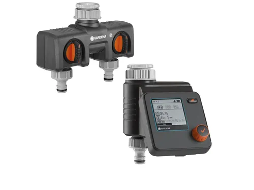 GARDENA Bewässerungssteuerung Select 2-Wege-Verteiler - Automatische Gartenbewässerung mit 3 Programmen, Regen- und UV-beständig für effiziente Pflanzenpflege