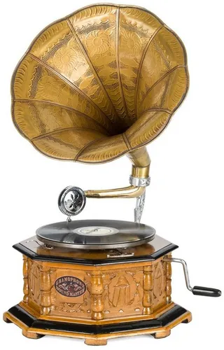 Aubaho Dekoobjekt Grammophon Trichtergrammophon - Stilvolles Trichtergrammophon aus Holz und Metall, ideal für die Präsentation von Schellack-Platten. Ein einzigartiges Dekoobjekt für Musikliebhaber und nostalgische Akzente in jedem Raum.