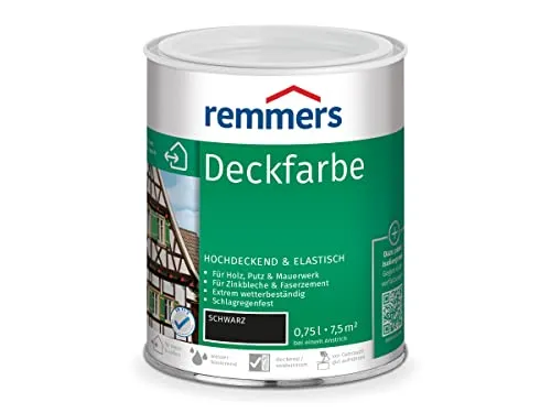 Remmers Deckfarbe schwarz, 0,75 Liter - Hochdeckende Wetterschutzfarbe für innen und außen, ideal für Holz, Zink und mineralische Untergründe, bietet exzellenten Wetterschutz und UV-Schutz.