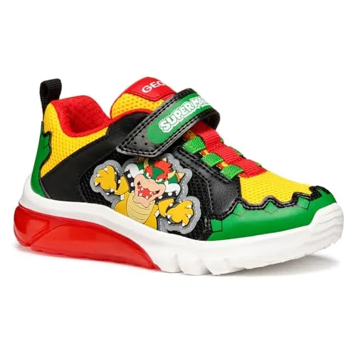 Geox J CIBERDRON Boy E Sneaker, Green/Red, 29 EU - Sneaker mit atmungsaktiven Eigenschaften und praktischen Lichtern; einfach anzuziehen dank Klettverschluss und elastischen Schnürsenkeln, ideal für aktive Kinder.