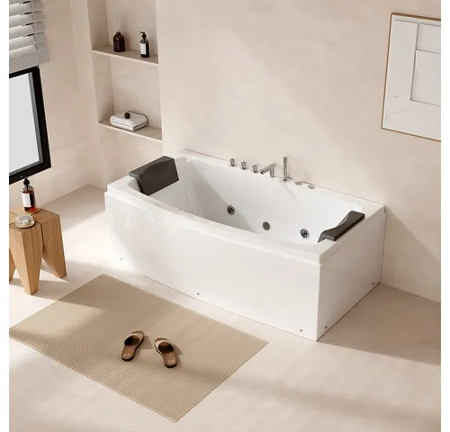HOME DELUXE Whirlpool-Badewanne NOOR - 173 x 80 x 84 cm, (inkl. Armaturen, Wanneneinlauf, Duschkopf und Mischknöpfe), 12 Whirlpooldüsen, ABS-Sanitäracryl, Eckwanne, Badewanne
