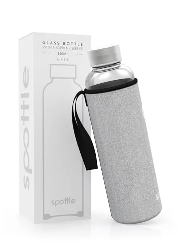 spottle Trinkflasche aus Glas 1l - Glasflasche 500ml - 750ml - 1 liter mit Neoprenhülle - Schutzhülle - Glastrinkflasche mit Schraubverschluss (Grau meliert, 550 ml)