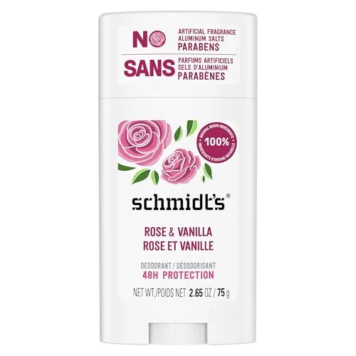 Schmidt's natürlicher Deo Stick Rose & Vanille - Veganes Deo ohne Aluminium, 24h Schutz vor Körpergeruch mit pflanzlichen Inhaltsstoffen und natürlichen Düften.