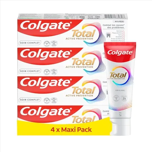 Colgate Total Aktive Prävention, Zahnpasta, 4 x 100 ml, hilft bei Zahnfleischproblemen, Plaque, Zahnstein, Empfindlichkeit, Erosion, oberflächlichen Flecken, Mundgeruch und Karies