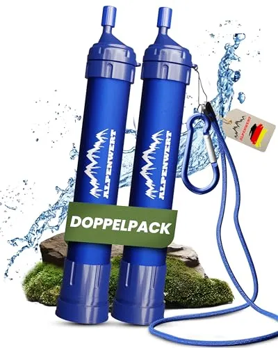 ALPENWERT Wasserfilter Outdoor Doppelpack - Trinkwasserfilter für 4000 Liter, entfernt 99,99% aller Keime und Mikroplastik für sicheres Trinken unterwegs