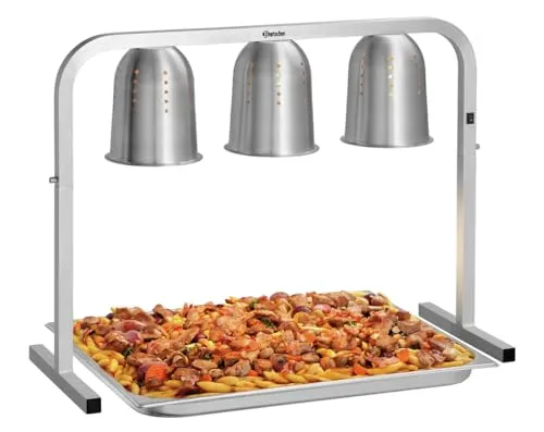 Dreifache Wärmelampe GN2/1 Bartscher i3wl820 - Großküchentechnik mit 3 Infrarot-Lampen für gezielte Speisenwärmung bis 58 °C, ideal für Buffets und Catering. Platz für GN 2/1-Behälter (650x530 mm) sorgt für optimale Präsentation.