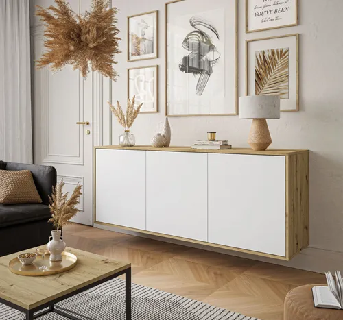 Hängekommode SANAYI Artisan Eiche/Weiß - Moderne Kommode mit PUSH OPEN-System für müheloses Öffnen, ideal zur Ordnung in jedem Raum. Maße: 153,9 cm x 60 cm x 39,6 cm, langlebige und ästhetische Verarbeitung.
