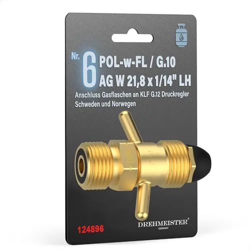 Entnahme Adapter Nr.6 – G.10 auf G.12 für Gasflaschen - SKANDINAVIEN-KOMPATIBEL – Ideal für den Einsatz mit deutschen Druckreglern und Schläuchen, sorgt für sichere Verbindungen von Gasflaschen aus Schweden und Norwegen. Robuste Messingausführung garantiert langlebige Nutzung.