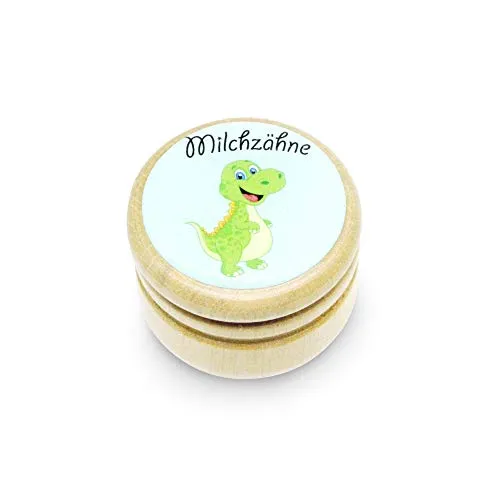 GICO Milchzahndose Dino Zahndose Milchzähne Bilderdose aus Holz mit Drehverschluss 44 mm (Dino)- 7014