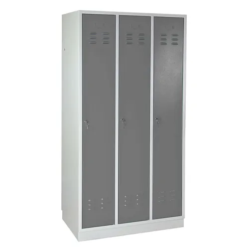 ADB Garderobenschrank Spind 3-türig silbergrau 1775x890x500 mm - Stabiler ADB Garderobenschrank mit drei verschließbaren Türen für sichere Aufbewahrung von Kleidung und Wertgegenständen. Ideal für Werkstätten und Umkleiden, aus pulverbeschichtetem Qualitätsstahlblech gefertigt.