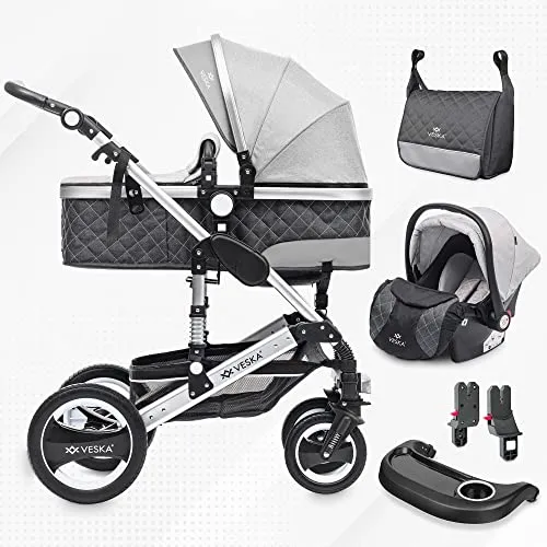 VESKA Kombi-Kinderwagen 3in1 - Kombikinderwagen mit Babyschale, Buggy und Jogger-Funktion, ausgestattet mit höhenverstellbarem Griff und pannensicheren Rädern für optimalen Komfort und Sicherheit.