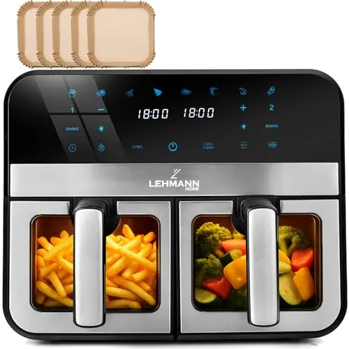 LEHMANN Heißluftfritteuse 2 Kammern mit WLAN, 2400 W, 9L, 12 Programme - Moderne Fritteuse mit 2 unabhängigen Schubladen für gleichzeitige Zubereitung. Genießen Sie knusprige Speisen dank Heißluftzirkulation – ideal für gesundes Kochen!