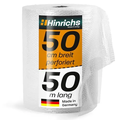 Hinrichs Luftpolsterfolie Rolle 50m x 50 cm perforiert - Ideal für Versand, Verpackung und Umzug - 100% recyclingfähig - Bubble Wrap als Verpackungsmaterial - Noppenfolie - Polstermaterial