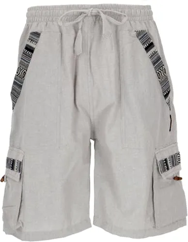 GURU SHOP Ethno Yogashorts - Hellgrau, Herren, Baumwolle, Size:S - Herren-Shorts aus luftiger Baumwolle mit elastischem Bund und Kordelzug. Ideal für Partys und unterwegs, mit viel Stauraum durch mehrere Taschen.