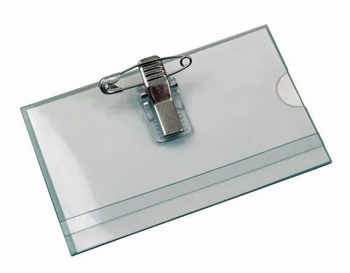 Namensschilder / Halter für Visitenkarte,  mit Nadel + Klemme, 90 x 56 mm 100