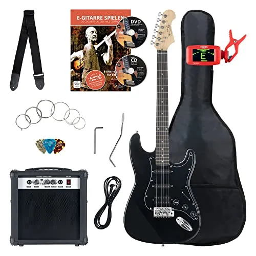 Rocktile ST-Pack Komplettset Power E-Gitarre Schwarz (Verstärker, Stimmgerät, Tremolo, Tasche, Kabel, Gurt, Plecs, Ersatzsaiten und Schule mit CD/DVD)