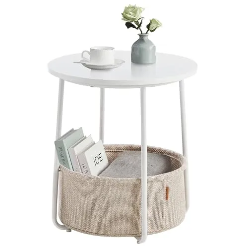 VASAGLE Beistelltisch rund - Kleiner Couchtisch mit Stauraum, modern und ideal für kleine Räume in Mattweiß-Kamelbraun