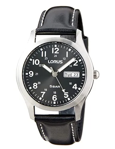 Lorus Herren Analog Quarz Uhr RXN79DX9 mit Leder Armband - Armbanduhren für Herren mit robustem Edelstahlgehäuse, wasserdicht bis 50m und Leuchtbeschichtung für optimale Ablesbarkeit im Dunkeln.