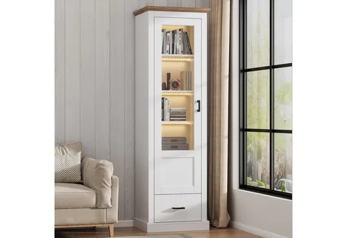 Merax Standvitrine mit LED-Beleuchtung, 5 Ablageflächen, USB-Fernbedienung, mattweiß mit Naturholzdekor, 178x50x35 cm – modernes Design - Weiß