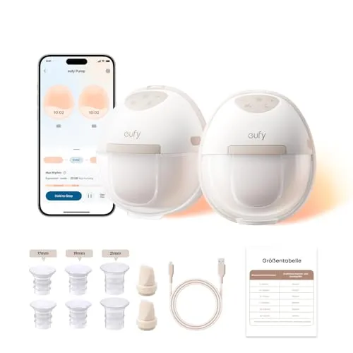 eufy Tragbare Milchpumpe E20 mit Wärmefunktion - Effiziente Milchpumpe mit HeatFlow Technologie für bis zu 30% mehr Milch. Freihändiges Abpumpen, 4 Rhythmen und 3 Heizstufen in der App auswählbar. Ultraleise und diskret für den täglichen Einsatz.
