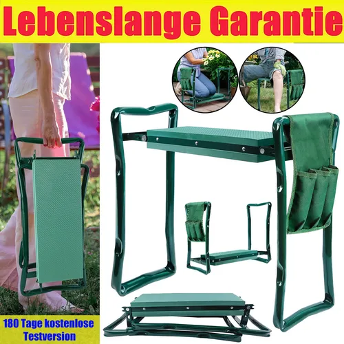 Relaxdays Kniebank Grün - Klappbare Gartenbank mit weichem Kniekissen, 2 Taschen für Werkzeug, bis 150 kg belastbar, ideal für Gartenarbeit und Unkraut jäten