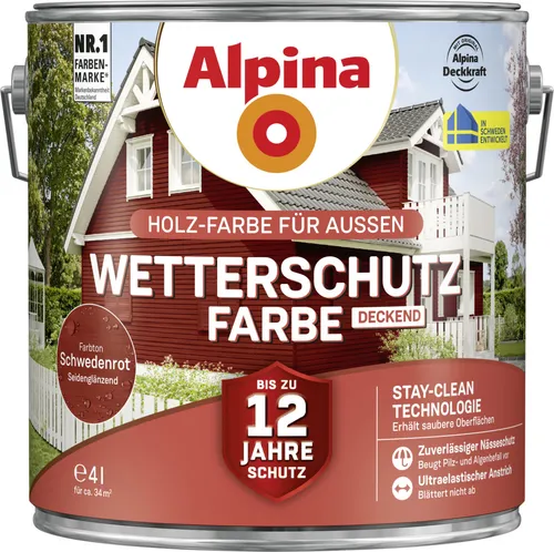 Alpina Wetterschutzfarbe deckend 4 L schwedenrot - Holzschutzfarbe in schwedischem Rot, bietet langanhaltenden Wetterschutz und ist ideal für Gartenmöbel und Holzfassaden.