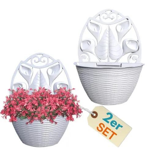 GarPet 2er Set Blumentopf Wand Blumentopf Wandmontage Wandblumentopf Wandvasen für Pflanzen Pflanzen Wandhalterung Wandtopf Außenbereich 32 cm Weiß Rattan Optik