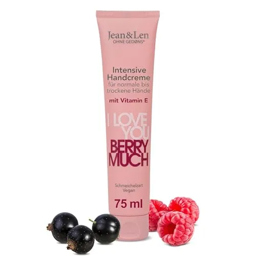 Jean & Len Handcreme I Love You Berry Much, 75 ml - Die Jean & Len Handcreme ist ideal für normale bis trockene Hände. Sie spendet Feuchtigkeit, zieht schnell ein und begeistert mit fruchtigem Beeren-Duft. Vegane Pflege ohne Parabene und Silikone – für zart-gepflegte Hände.