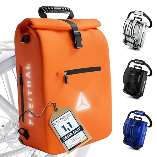 FREITHAL - 3in1 Fahrradtasche Rucksack [25L] Verwendbar als Gepäckträgertasche, Rucksack & Umhängetasche - 100% wasserdichte & Reflektierende Fahrradtasche - Mit 16" Laptopfach - Orange