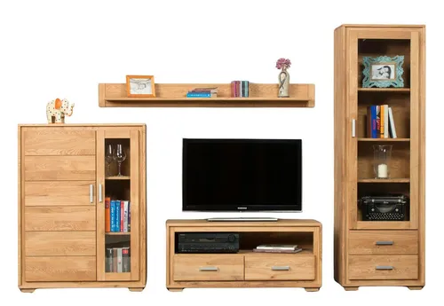 Trendmöbel24 Wohnwand Basel Set IX – 4-teilig aus Wildeiche Massivholz - Elegante Wohnzimmerschrank-Kombination mit Vitrine, Lowboard und Wandboard, bietet viel Stauraum und ist ideal für ein stilvolles Wohnzimmer.