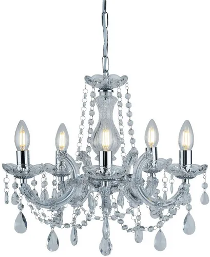 Searchlight Kronleuchter Marie Therese 5Lt - Eleganter 5-flammiger Pendelleuchte mit wechselbaren Leuchtmitteln, ideal für stilvolle Wohnräume. Hochwertige Verarbeitung aus Stahl und Glas.