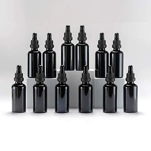 YIZHAO Pipettenflasche 50ml Schwarz, Apothekerflasche mit Pipette Glas, für Ätherisches Öl, Aromatherapie, Massage, Düfte, Labor, Kosmetik, Reisen – 12 Pcs