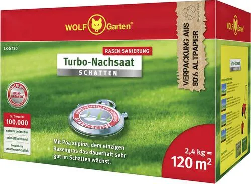 WOLF-Garten Turbo-Nachsaat Schatten LR-S 120 - Gräsersamen für schattige Lagen, mit Keimgarantie und BioActive für bis zu 30% schnellere Keimung. Ideal zur Rasenreparatur auf 120 m² und sorgt für hohe Rasendichte.