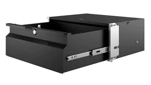 HE Rackschublade 32 cm tief schwarz abschließbar - 19" Rack-Drawer SFX 4, abschließbar für sichere Aufbewahrung, ideal für IT-Umgebungen und Serverräume mit einer Belastbarkeit von 15 kg.