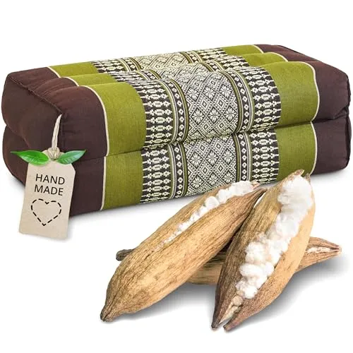 livasia Block Yogakissen eckig - 17x34x12cm - Meditationskissen mit Kapok, Stützkissen Bolster rechteckig, Yoga Pilates Zubehör Nackenkissen, Thaikissen fest handgefertigt (Braun/Grün)
