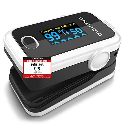 GRUNDIG Pulsoximeter Sauerstoffsättigung Oximeter - Testsieger mit sehr gutem Ergebnis, hochpräzises Finger Messgerät für schmerzfreie Anwendung und einfache Bedienung