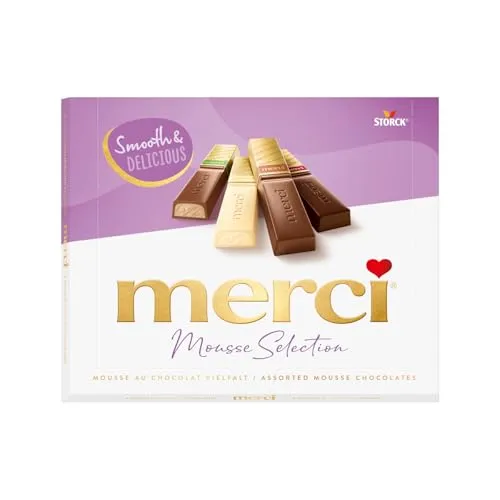 merci Finest Selection Mousse au Chocolat Vielfalt – 210g Pralinenbox - Feine Schokoladenspezialitäten mit unwiderstehlichen Mousse-Füllungen in vier Sorten, ideal zum Verschenken und für besondere Genussmomente.