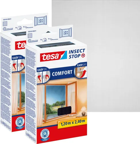 tesa Insect Stop COMFORT Fliegengitter für bodentiefe Fenster - 2er Pack mit selbstklebendem Insektenschutz - Effektiver Mückenschutz für bodentiefe Fenster bis 1,20 m x 2,40 m – einfach ohne Bohren anbringen und hygienisch waschbar bis 30°C. Ideal für frische Luft ohne lästige Insekten.