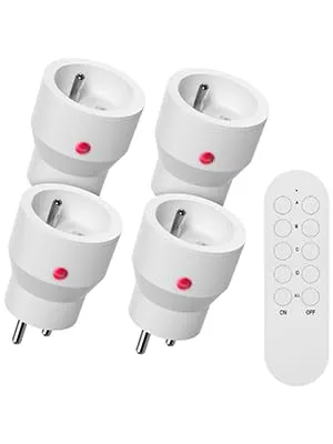 SURNICE 4 Mini-Steckdosen, programmierbar, Fernbedienung, kabellos, 40 m Reichweite, Plug and Play, 2300 W, 10 A, zwei CR2032-Batterien kostenlos, Weiß